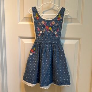 Mini boden Floral Embroidered Blue Kids pinafore Dress 3-4 yrs